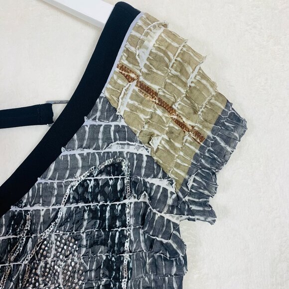 Frank Lyman Blk/Tan Ruffle Butterfly Short Sleeve Top V Neck/Scoop Back Wms Sz 6 - Picture 15 of 16